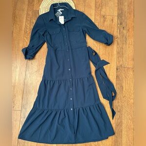 NWT Lucky Brand Navy Long Sleeve Tiered Maxi Dress with Buttons with Tie waist
